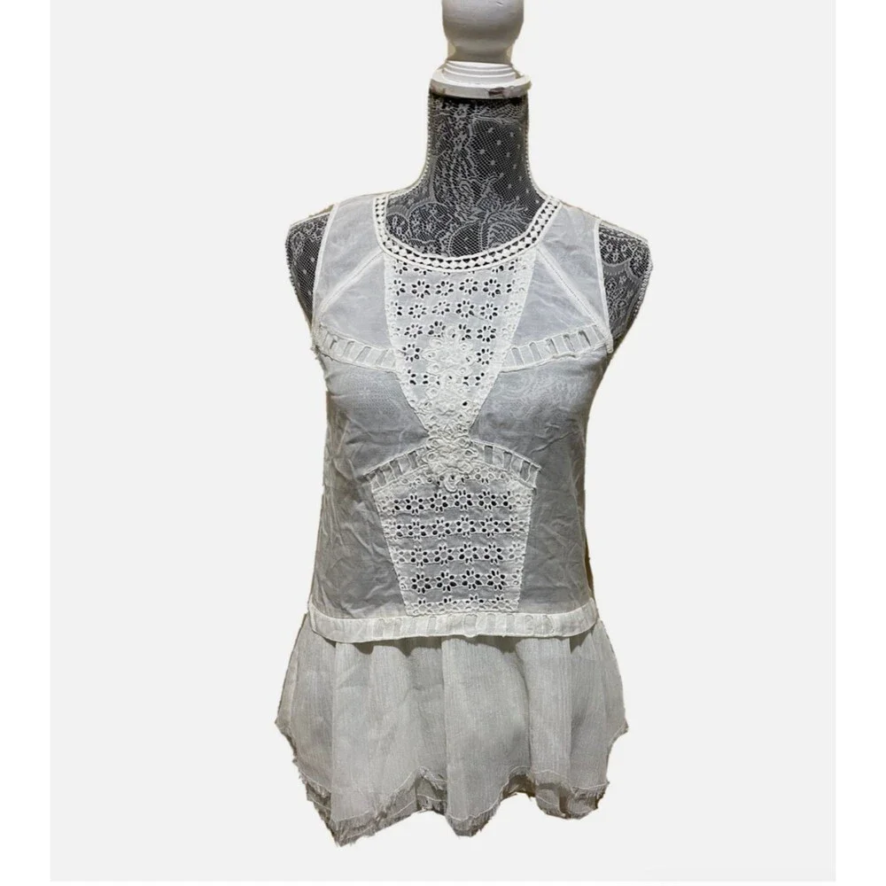 Free People Linen Crochet Lace Eyelet Peplum Cami White Boho Sheer Tank Blouse S